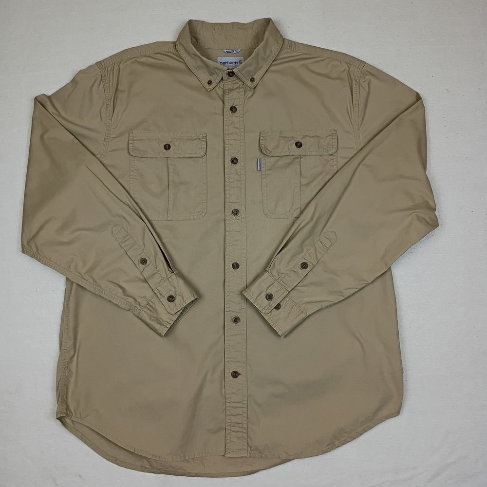 Carhartt Mens Large Relaxed Fit Tan Long Sleeve Button-Down Work Shirt